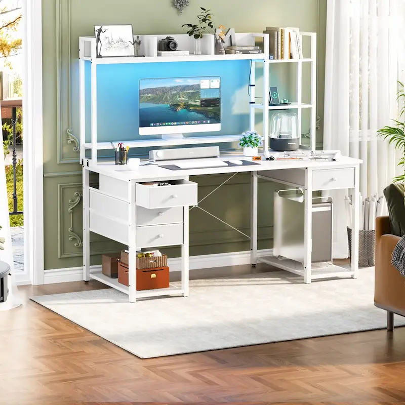 Gaming Desk with Hutch and Drawers, Office Computer Desk with Charge Station and LED Light