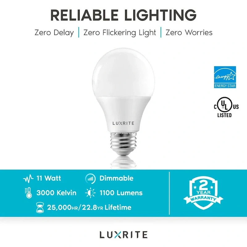 Luxrite A19 LED Bulb 75W Equivalent, 1100 Lumens, Dimmable, Enclosed Fixture Rated, Energy Star, E26 Base (12 Pack)