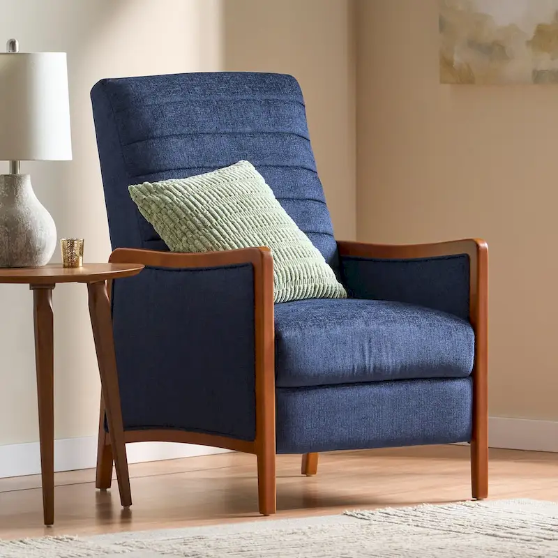 Mid Century Modern Fabric Channel Stitch Wood Pushback Recliner