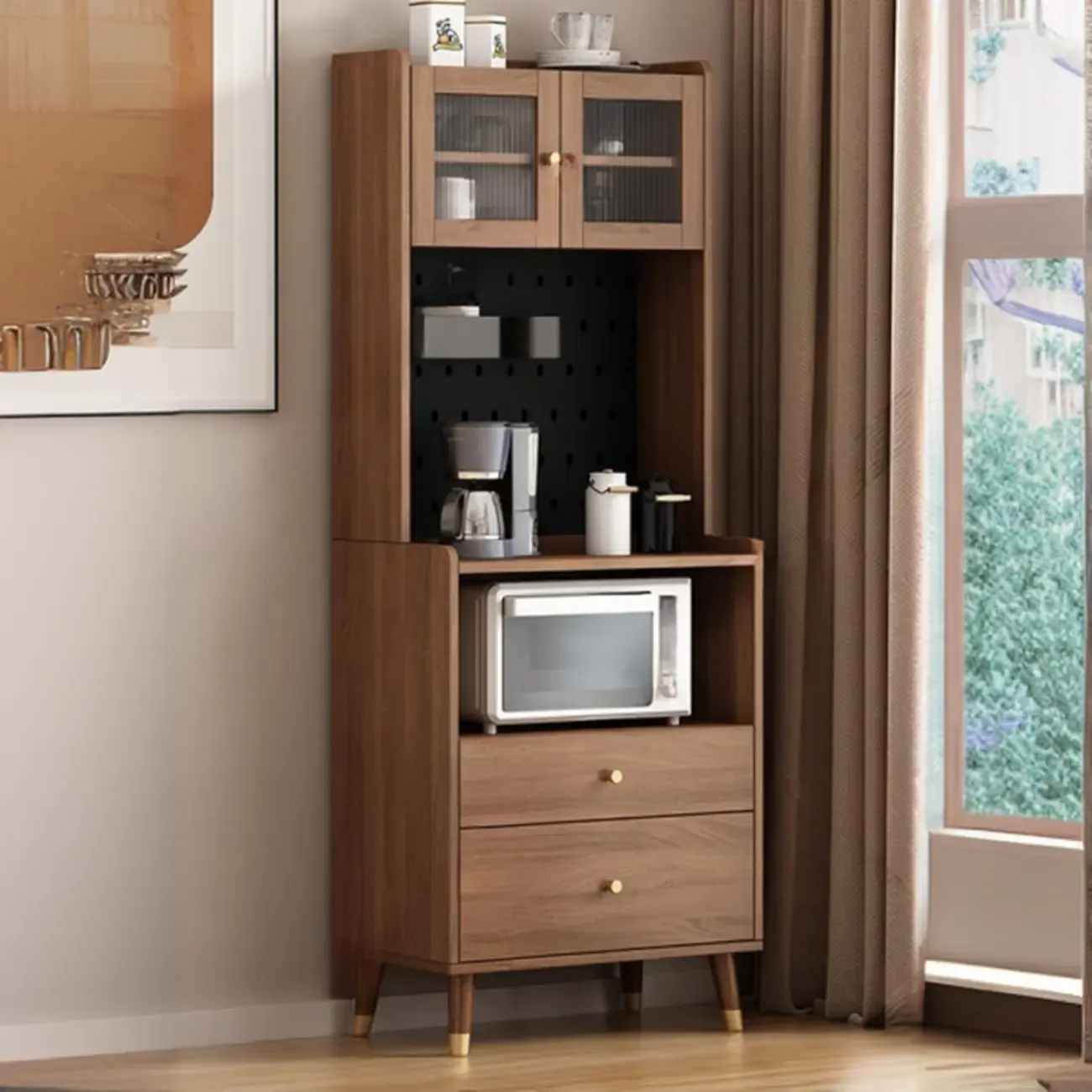 Compact Wooden Brown 2-Drawer Tall Sideboard with Hutch