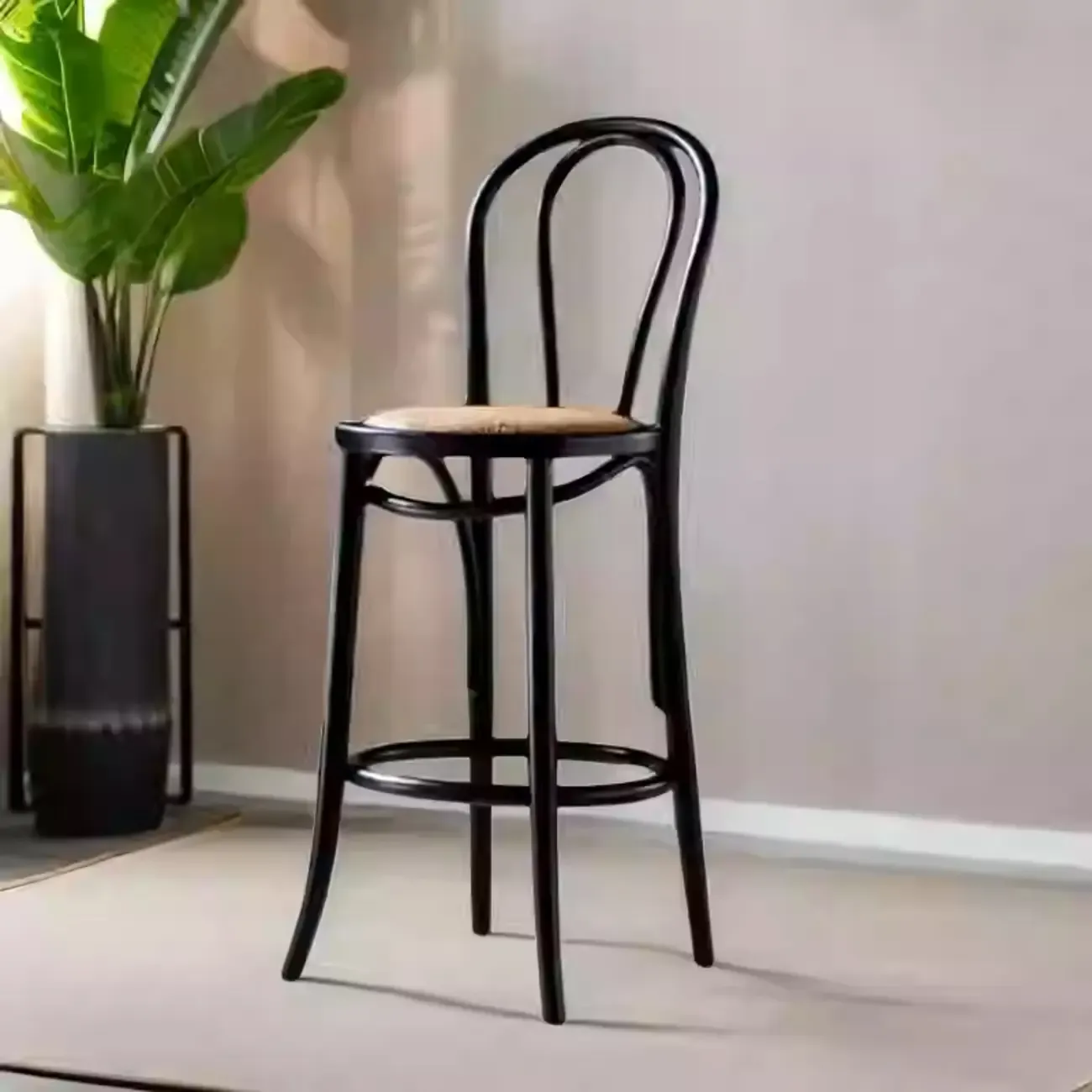 Walnut Beech Wood Leather Seat Bar Stools with Back