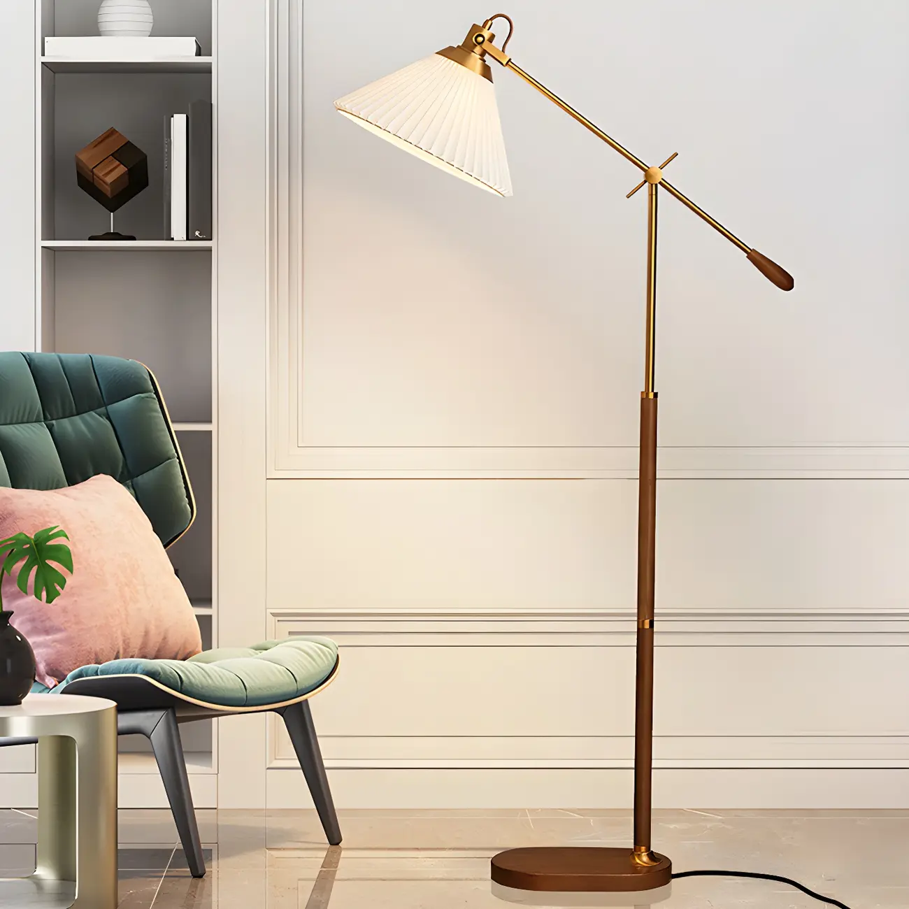 Brown Adjustable Metal Balance Arm Floor Lamp for Living Room