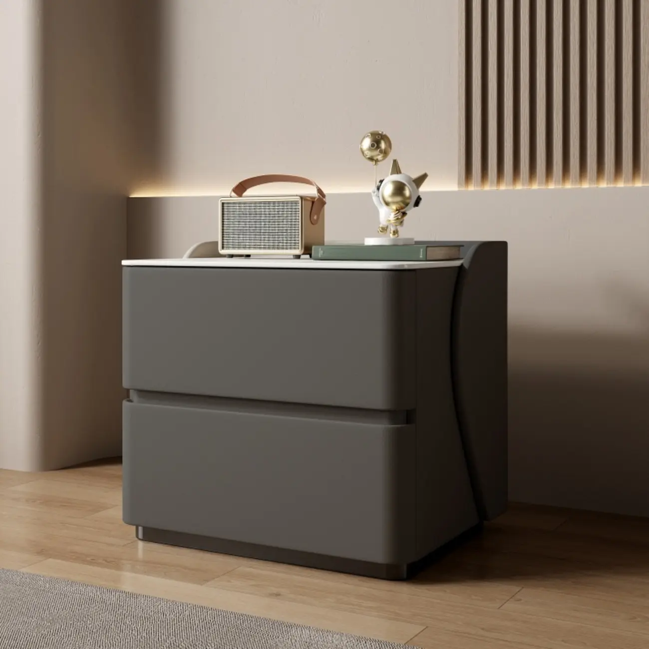 Modern Stone Top Leather Pine 2-Drawer Nightstand