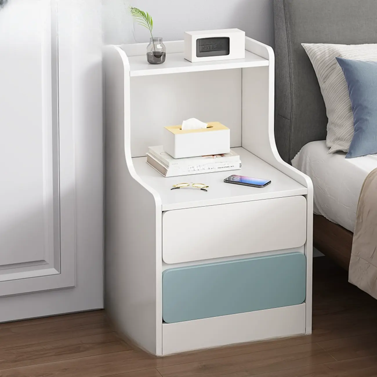 Modern Bedside Table with Drawers - White Nightstand