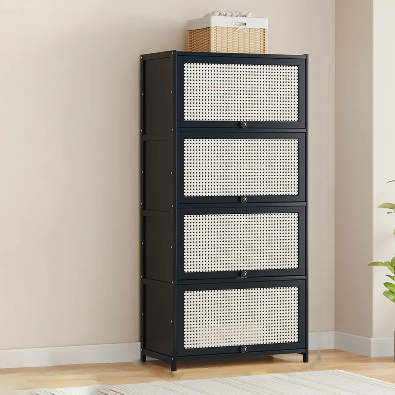 Modern Black Bamboo Shoe Cabinet with Rattan Panels
