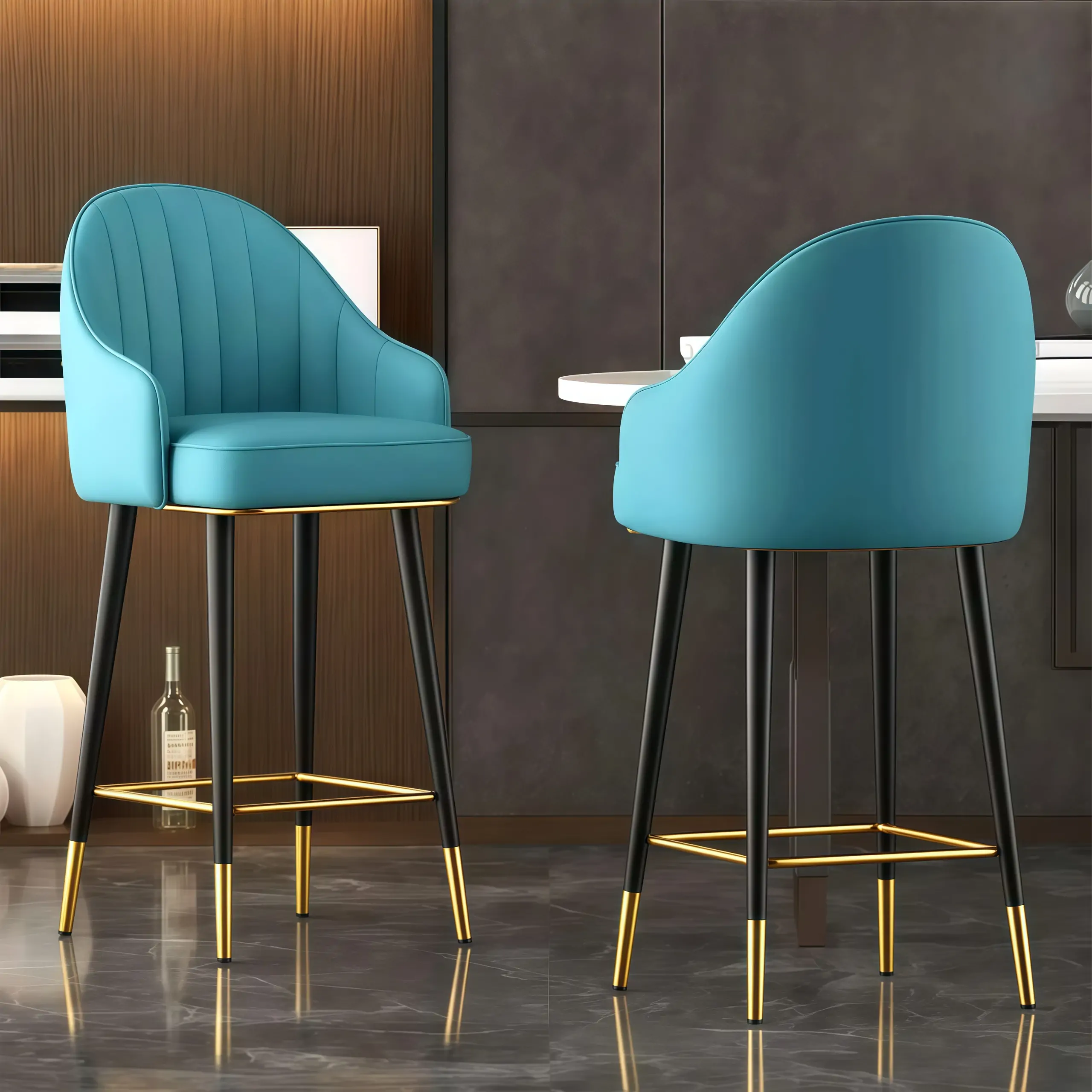 Art Deco Leather Bucket Cushioned Bar Stool