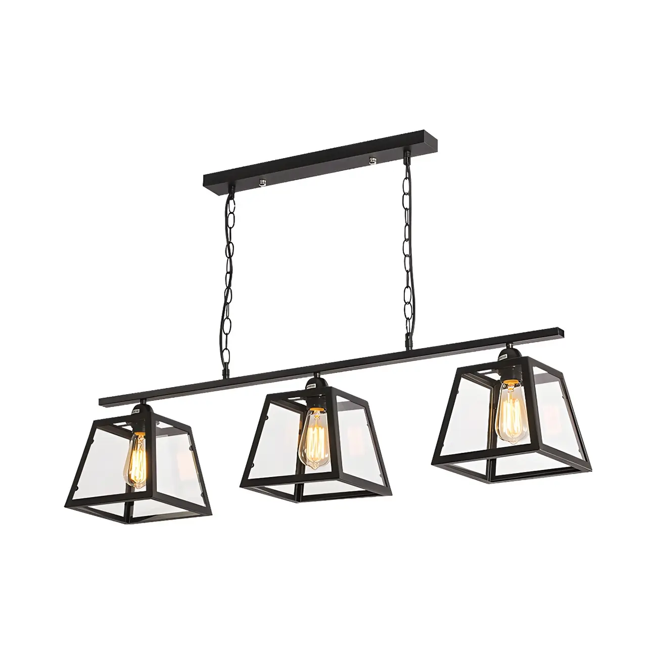 Industrial Black Metal 3-Light Pyramid Island Pendant Light