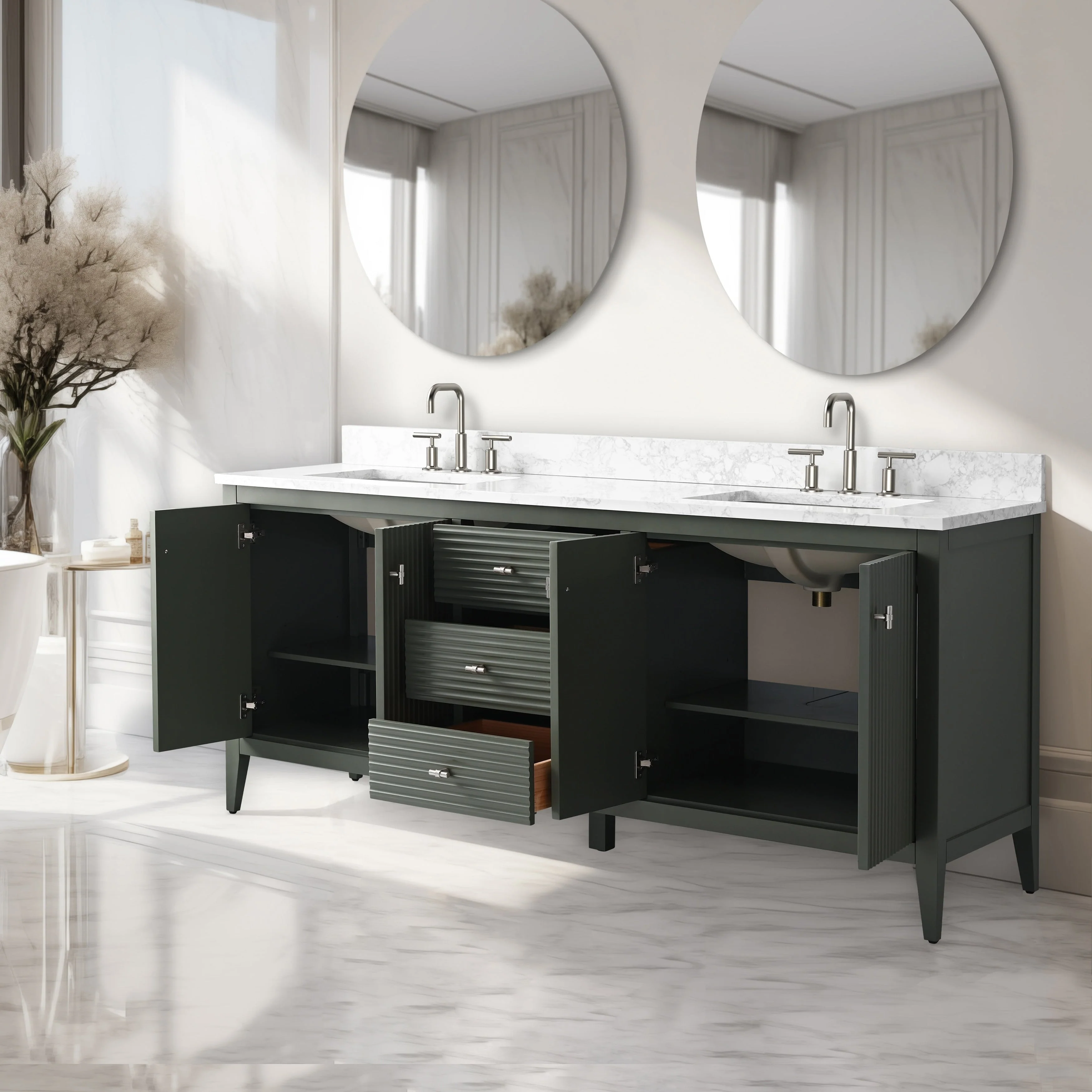 Vanity Art 72 Double Sink Bathroom Vanity Cabinet with Engineered Marble Top