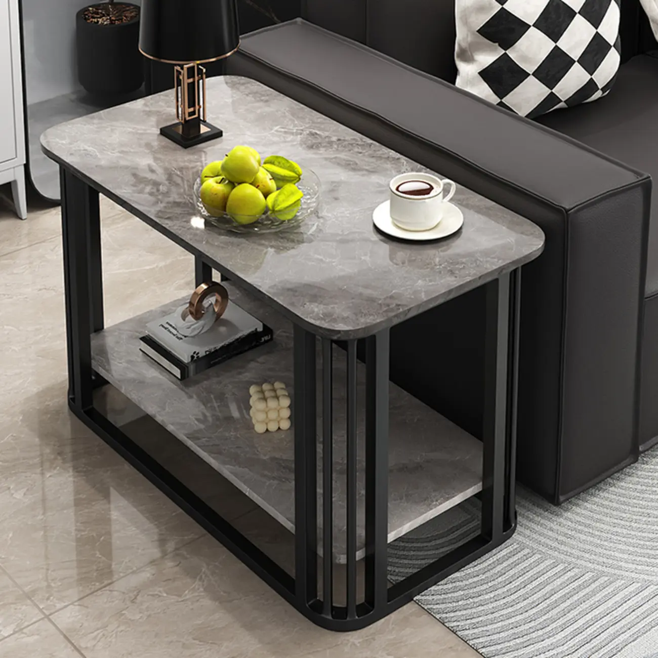 Luxury Rectangular Gold 2-Tier Coffee Table with Stone Top