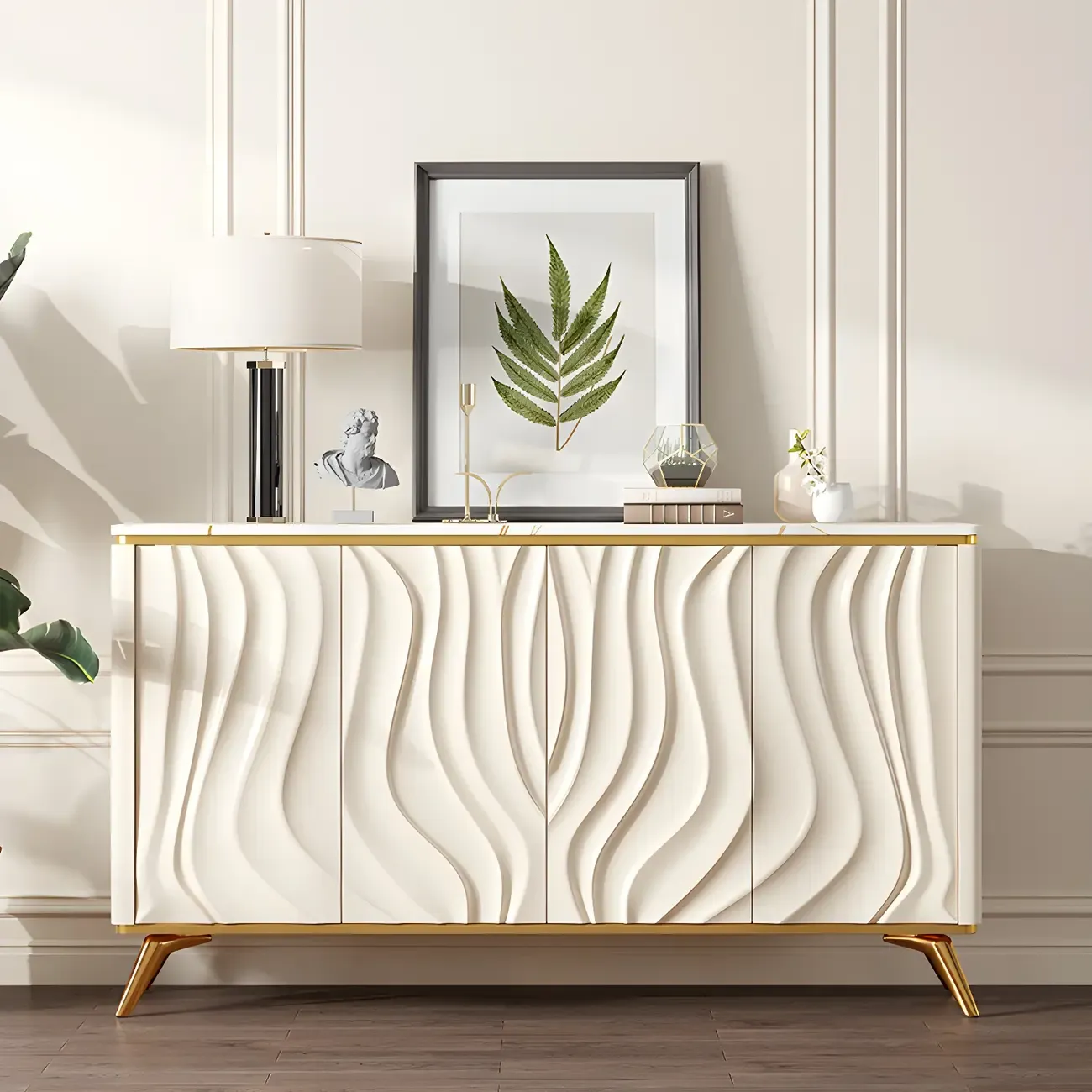 Glam Off-White Wooden Sideboard Cabinets with Carved Door