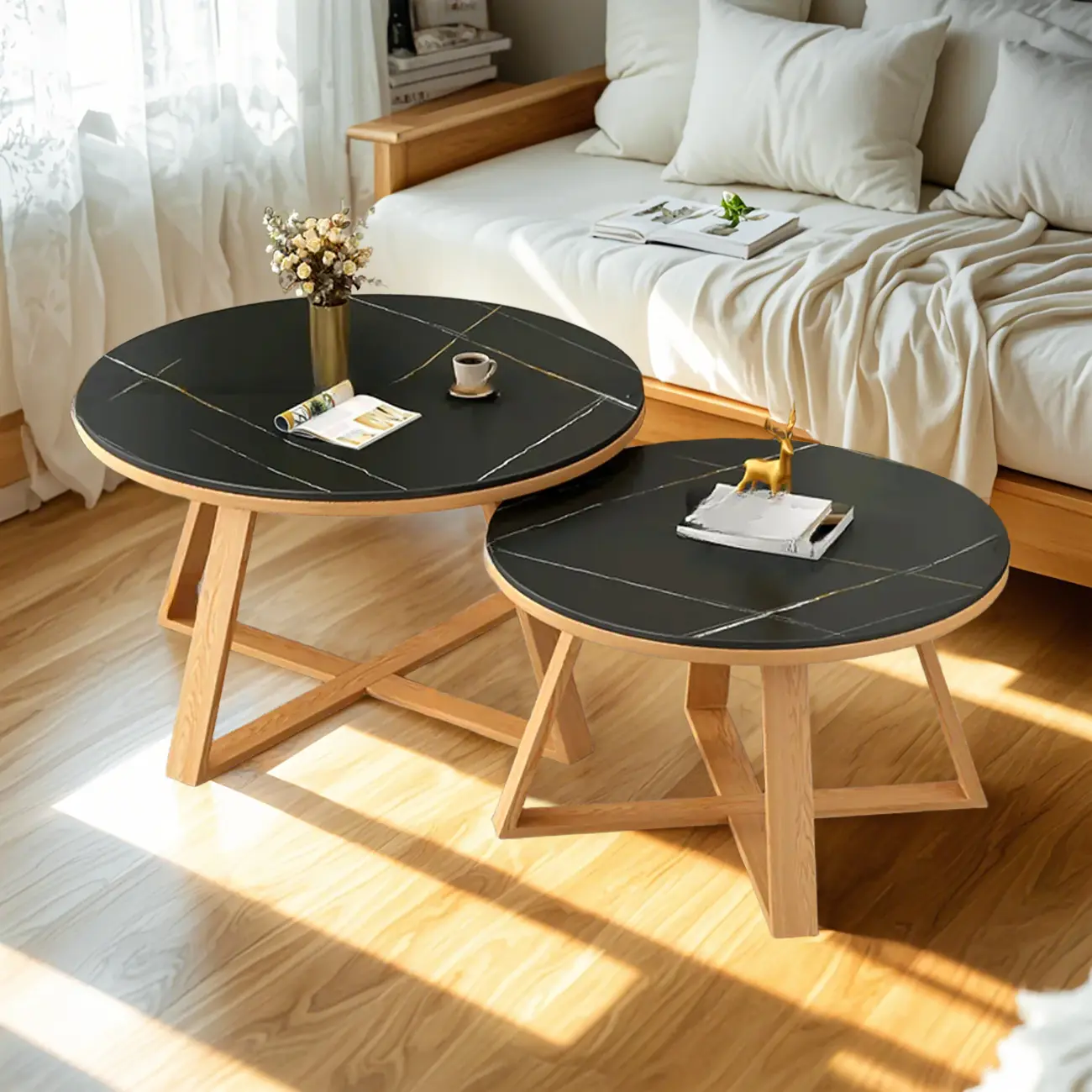 Modern Marble Round 2 Nesting Coffee Table Set with Wood Base