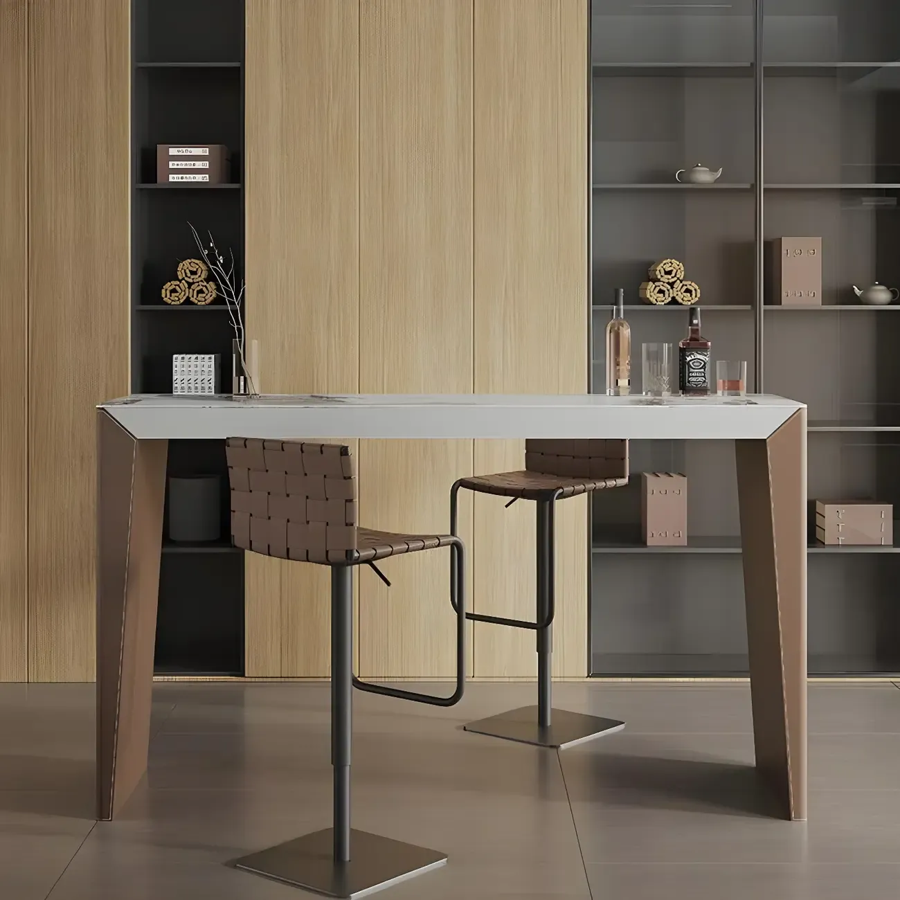 Stylish White Brown Stone Leather-Covered Leg Bar Tables