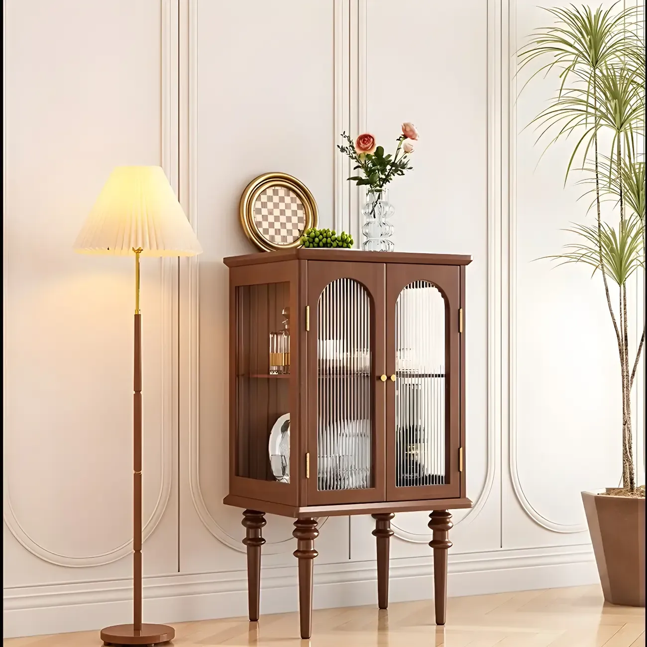 Classic Rubberwood Glass Living Room Storage Cabinet