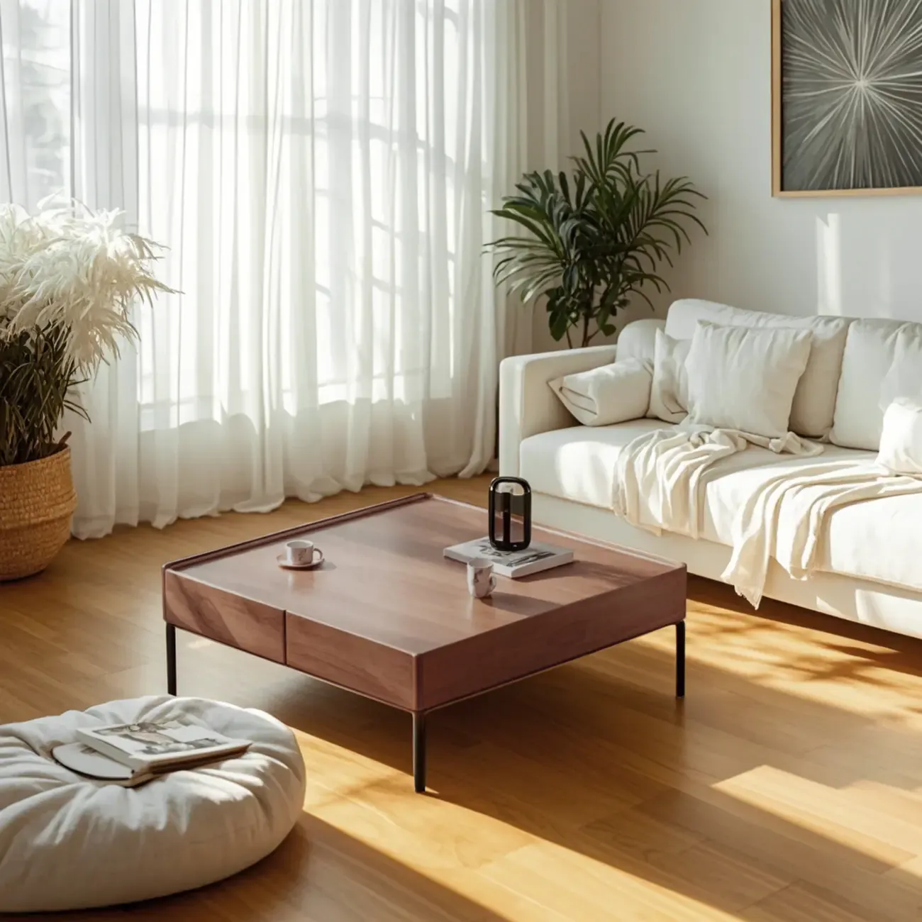 Rustic Wooden Square Coffee Table with Storage & Tray Top