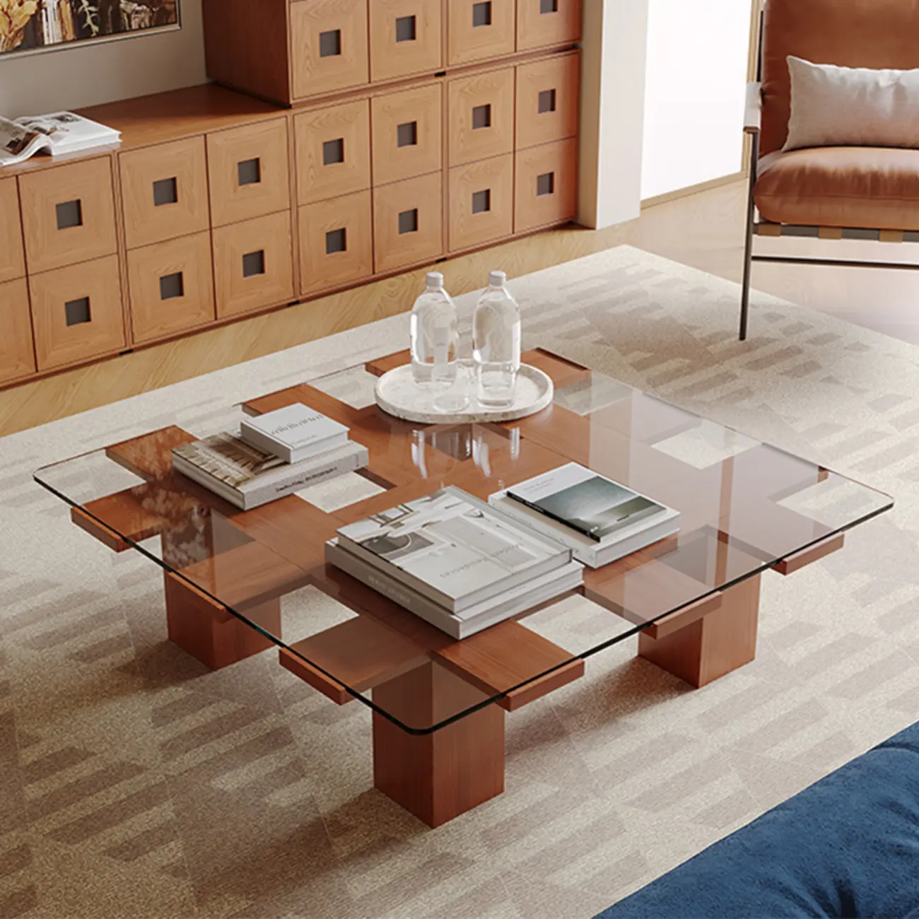 Square Modern Glass Wood Four Legs Coffee Table