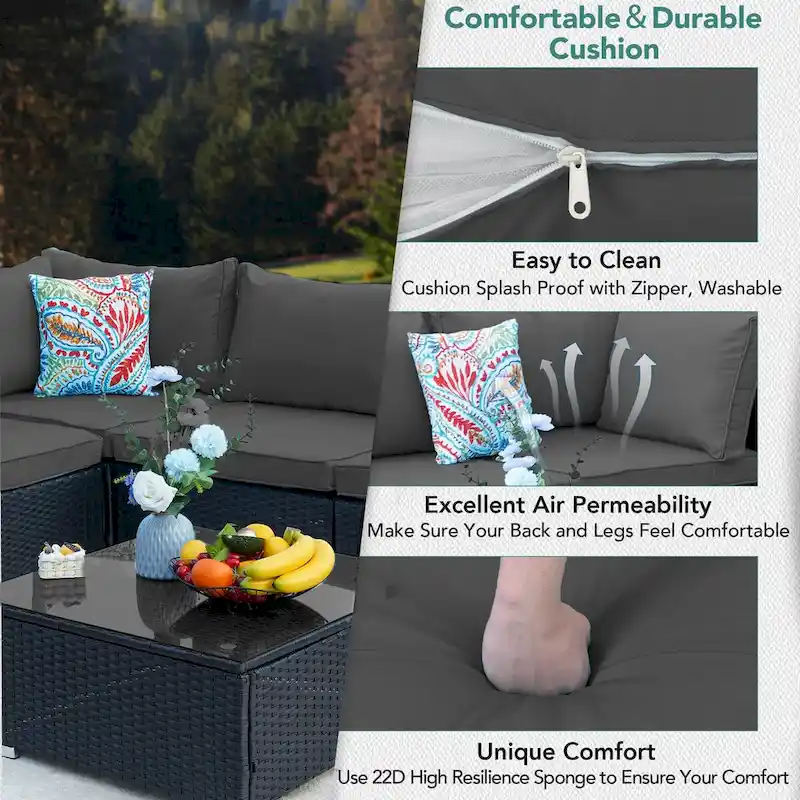 7-Piece Wicker Patio Conversation Set with Cushions and Glass Table