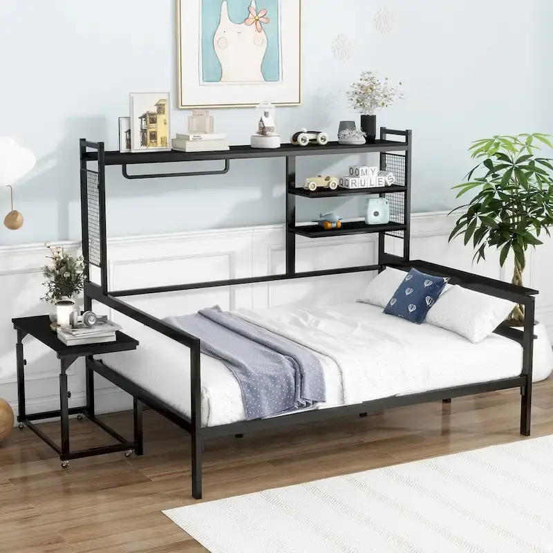 Versatile Daybed with Movable Desk, Metal Sofa Bed Frame with Metal Grid, Shelves and Clothes Hanger, No Box Spring Needed