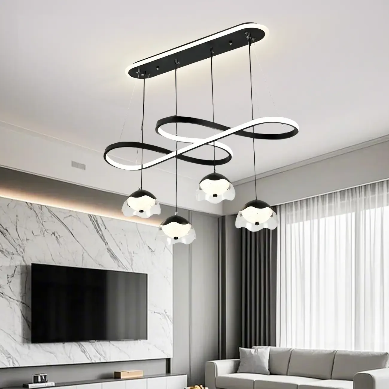 Adjustable 2 Tiers Black Metal 6-Light Dimming Pendant Light