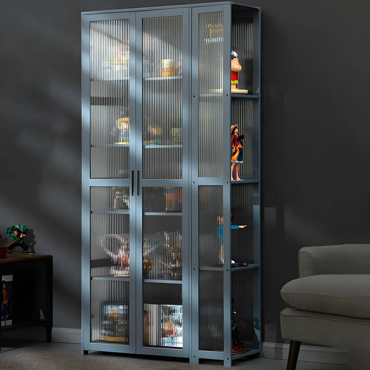 7 Shelves Tan Bamboo Glass Open Storage Display Cabinet