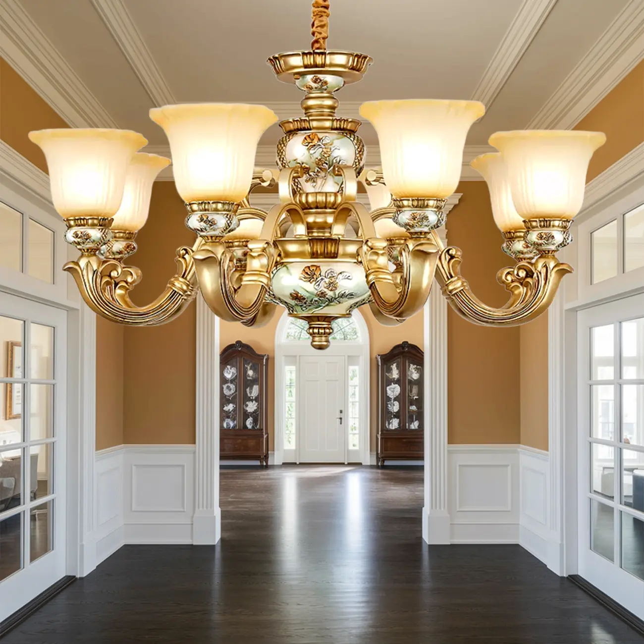 Antique Gold Ceramic Chandelier with Frosted Glass Bell Shape