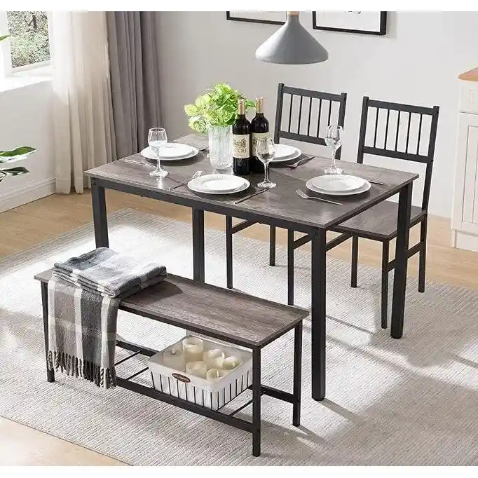 Dining Table Set for 4 Kitchen Dining Table with Benches and 2 Chairs Wood Tabletop and Metal Frame Breakfast Nook Dining Set
