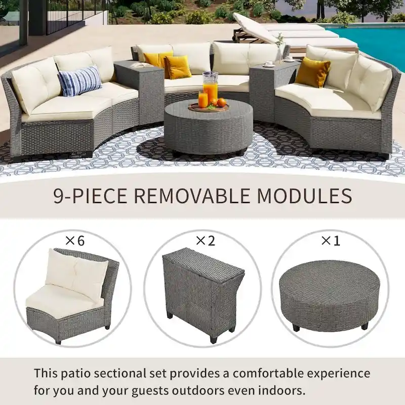 6-Person Garden Fan-shaped Rattan Suit Combination with Cushions and Table
