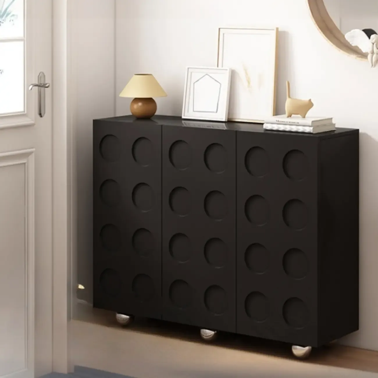 Hallway Black Engineered Wood Shoe Cabinet on Wheels