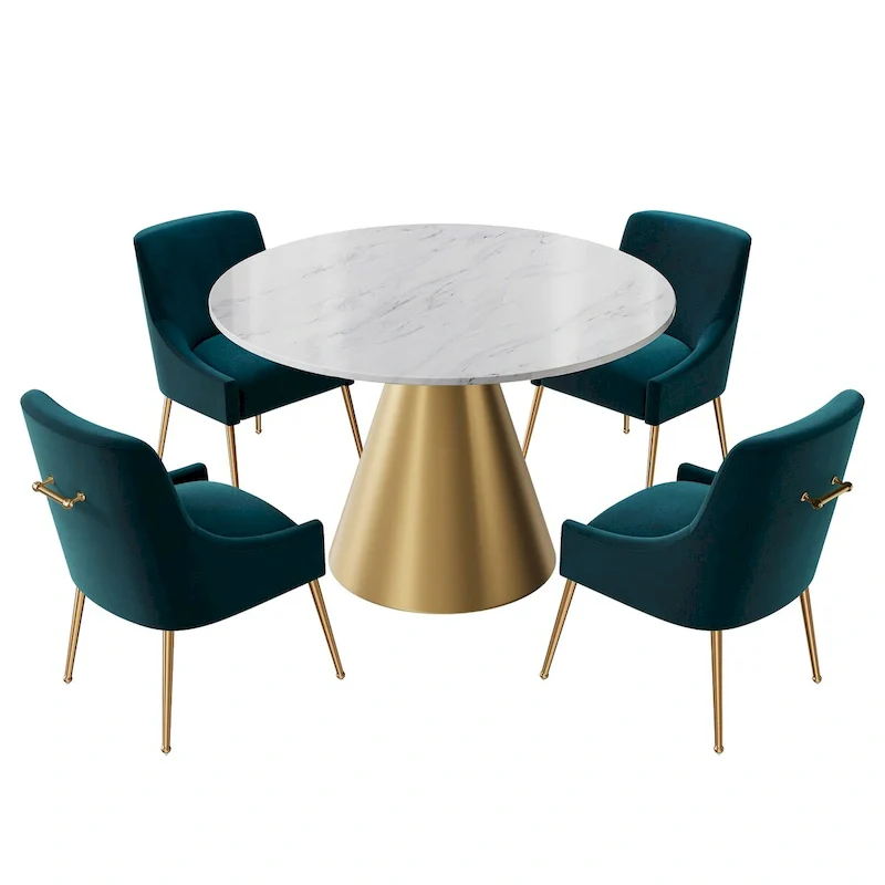 48 Marble Top Metal Dining Table with Velvet Dining Chair Set