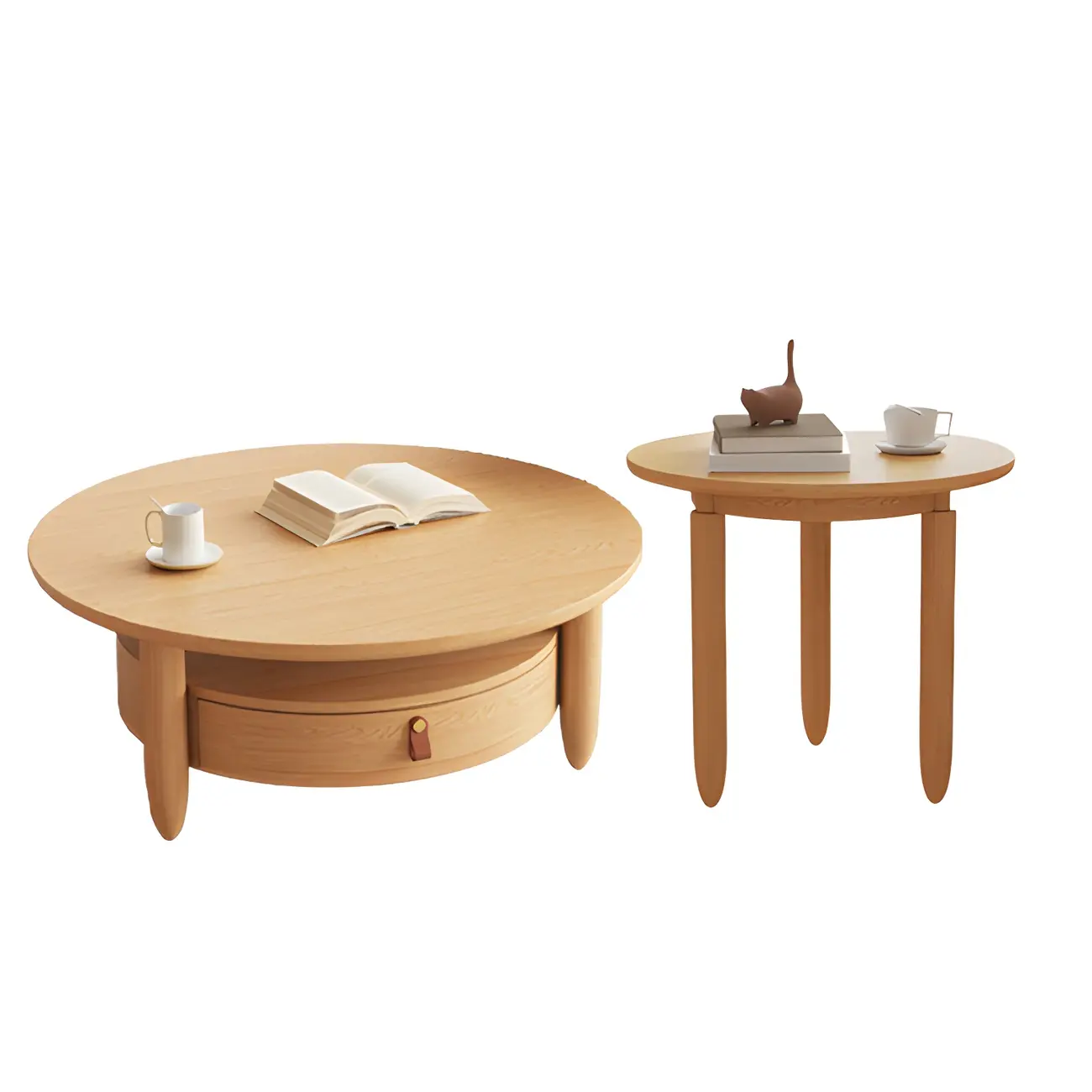 Brown Round Modern Wood Glass Drawer Coffee Table