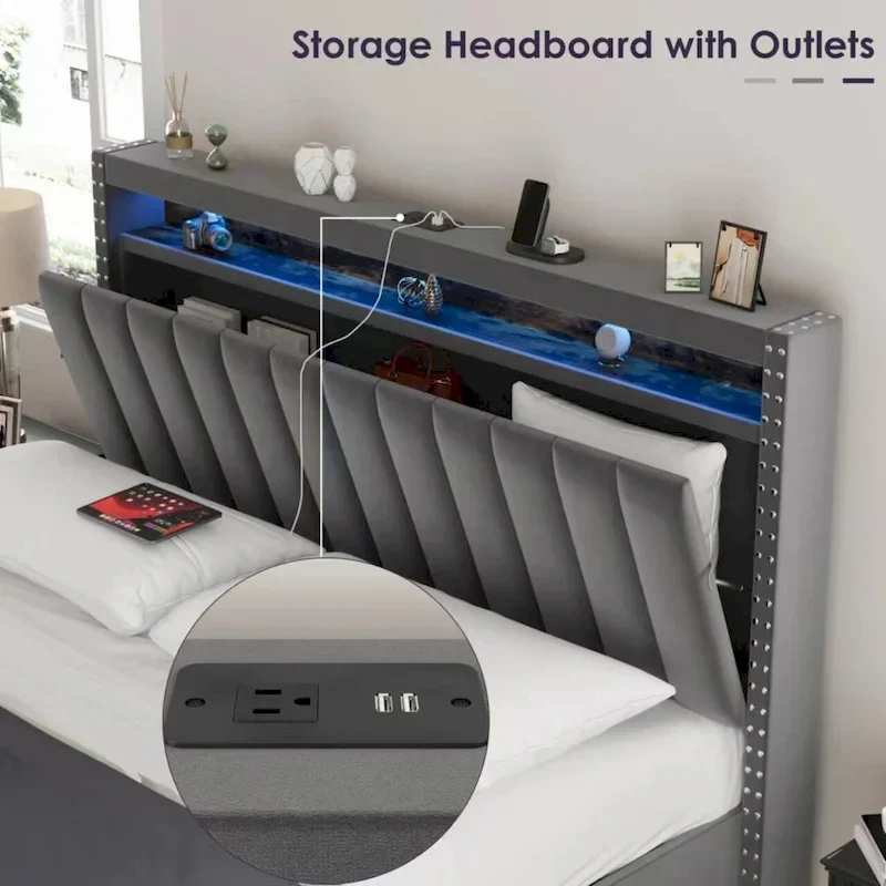 Luxury Gas Lift Storage Bed with LED Lights