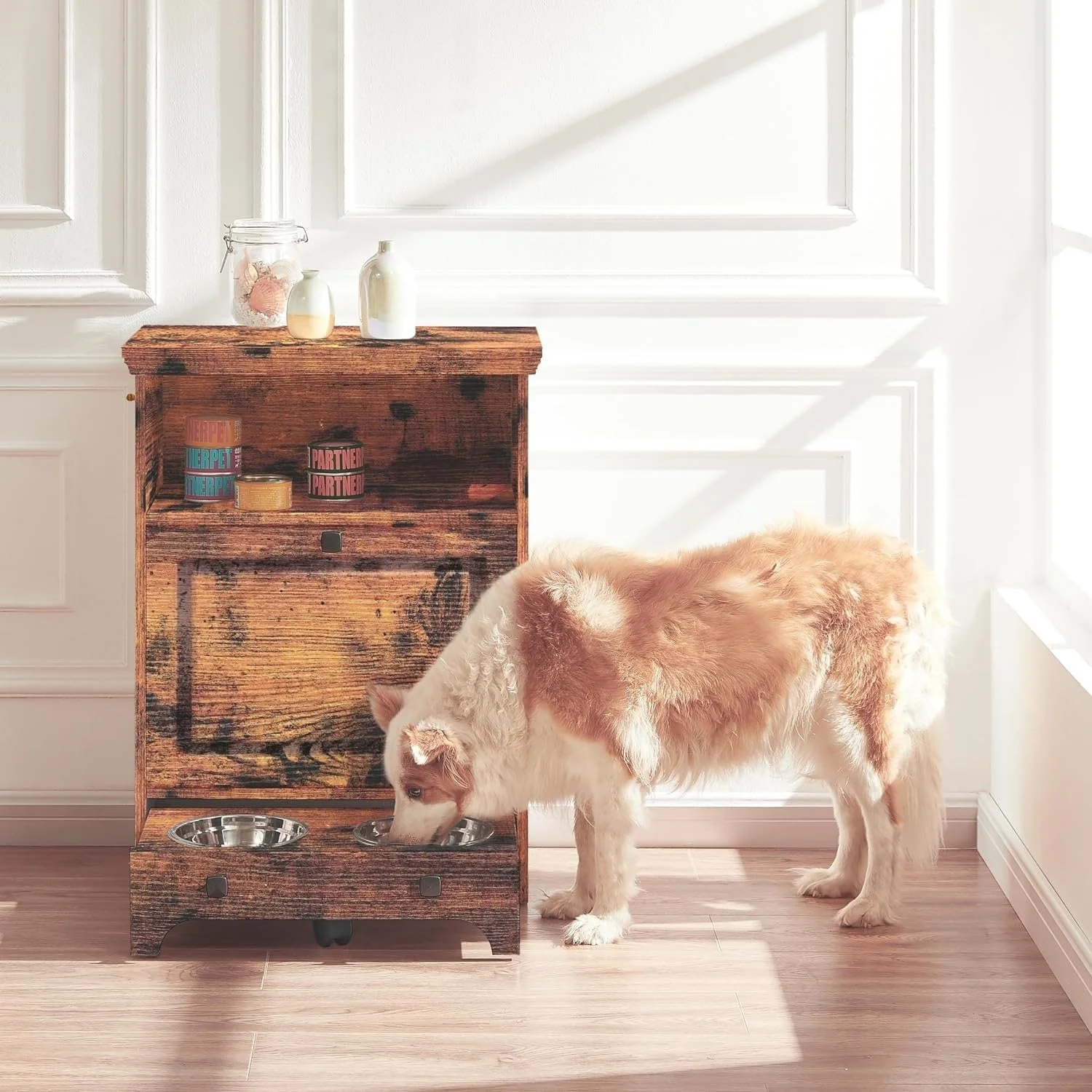 Roomfitters Dog Feeding Station with 2 Elevated Dog Bowls, Tilt Out Pet Feeding Cabinet Station