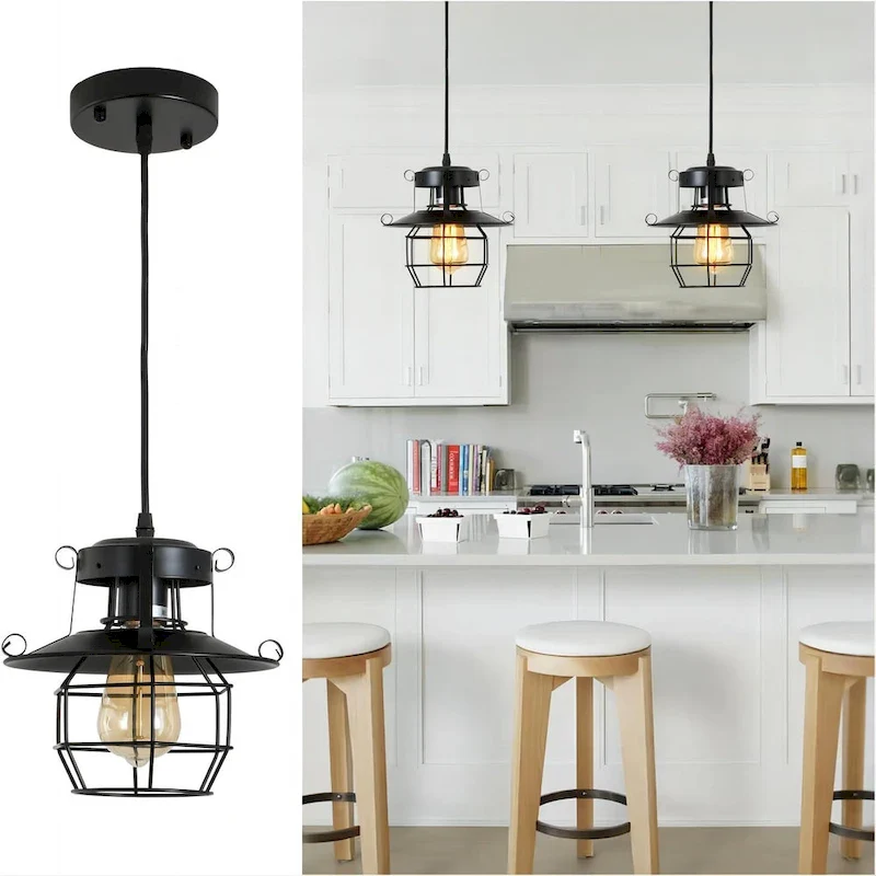 Vintage Farmhouse Pendant Light Rustic Metal Caged Pendant Lights Black Cage Hanging Lamp, Adjustable Height, E26 Bulb(1 Light)