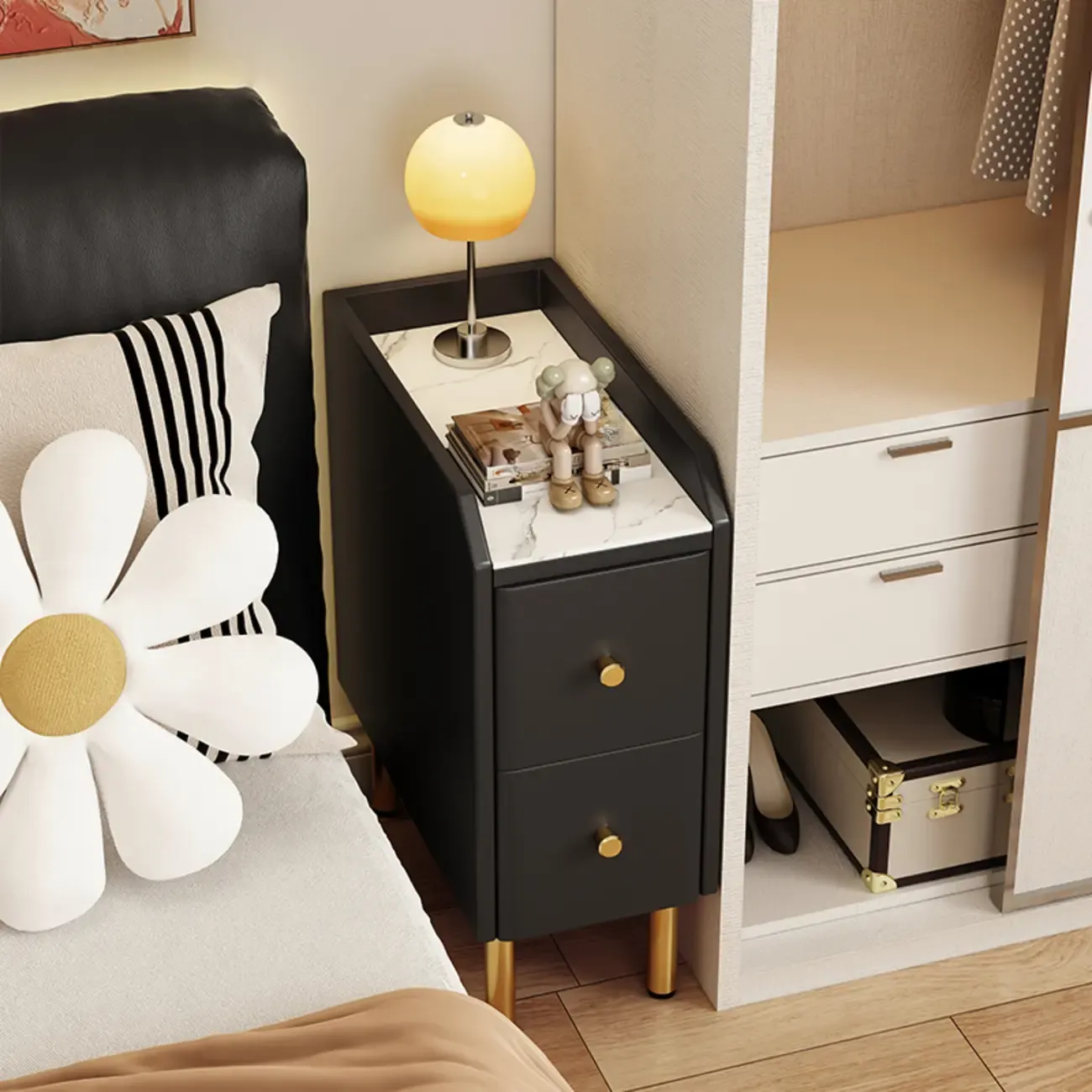 Trendy Narrow Stone Countertop 2 Tiers Drawer Nightstand