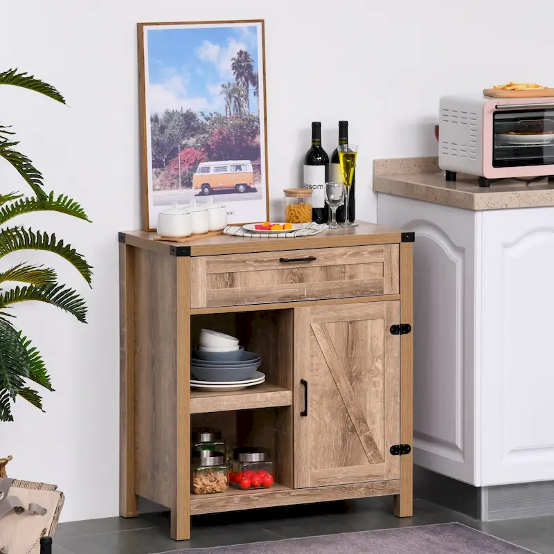 HOMCOM Rustic Barn Door Storage Cabinet/Modern Farmhouse Buffet Sideboard for Kitchen & Dining Room