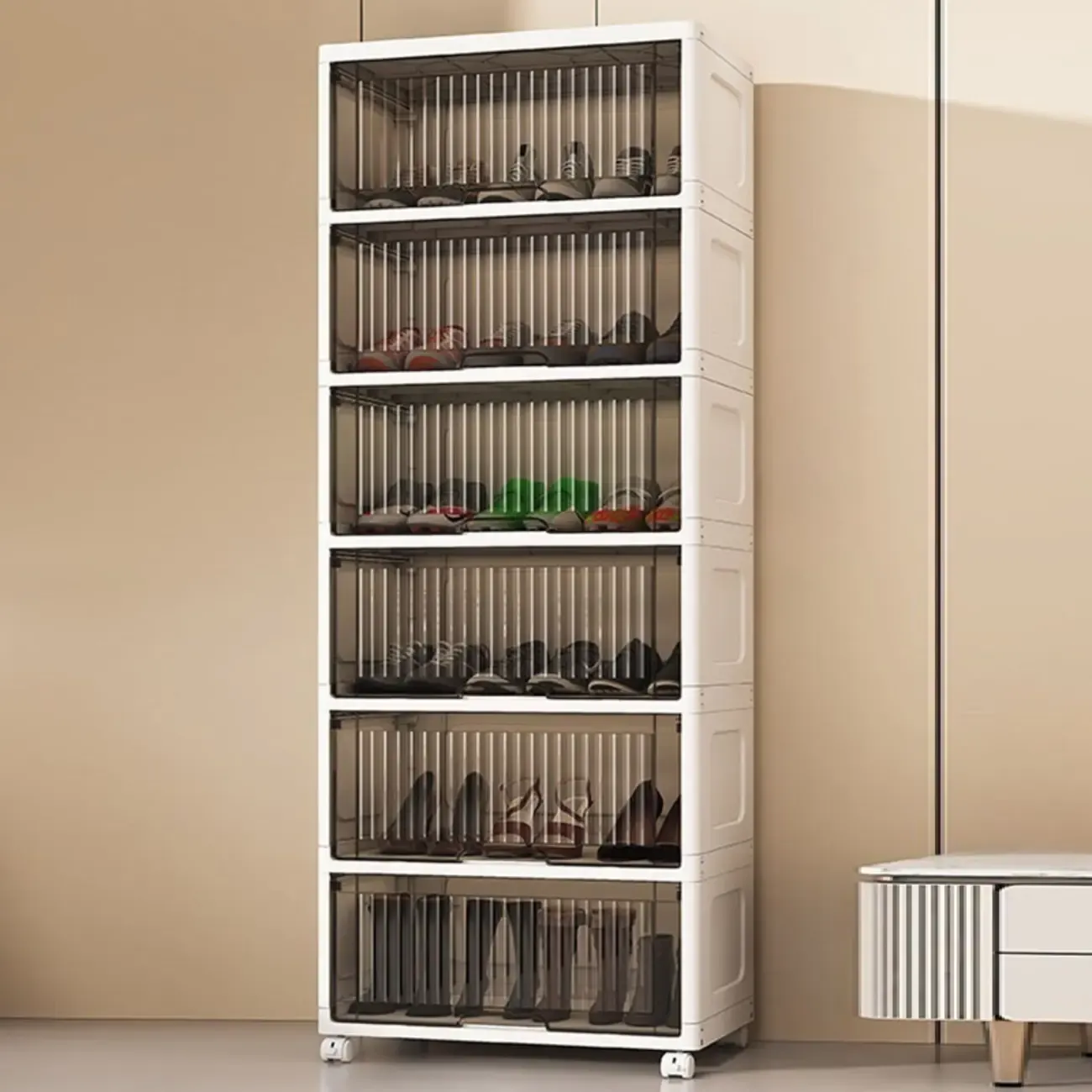 Hallway White Plastic Drop-Front Shoe Cabinet with Casters