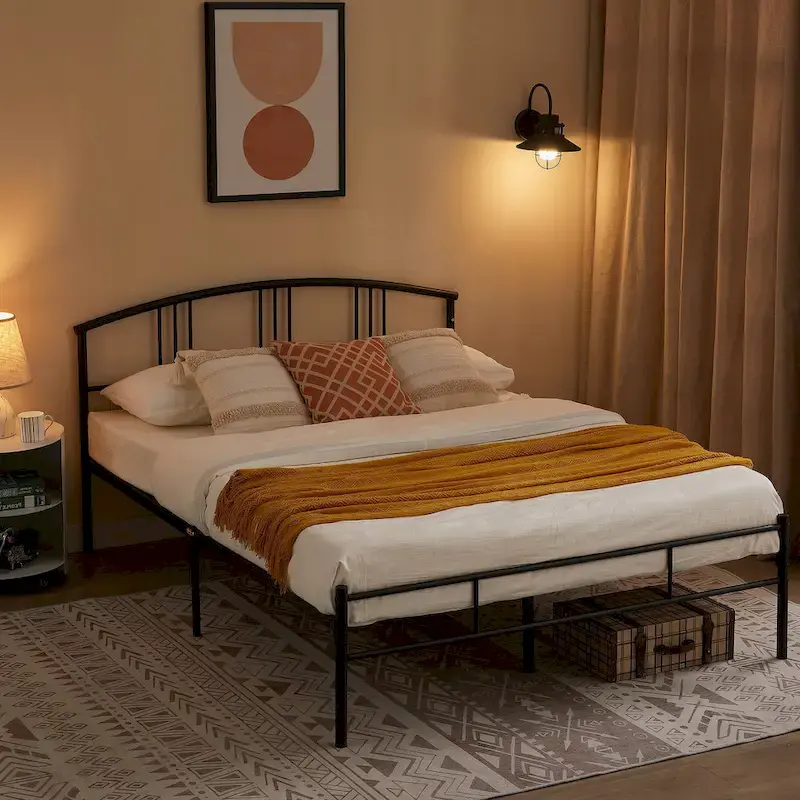 Modern Metal Bed Frames with Curved Headboard, No Box Spring Needed, Black