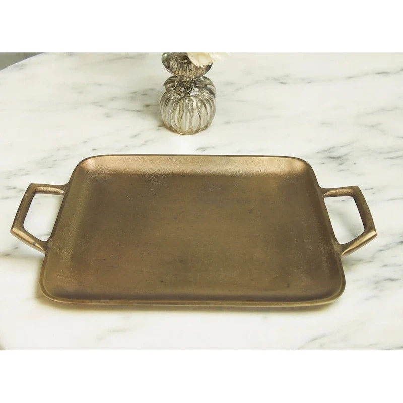 HomeRoots 16  Gold Rustic Metal Tray With Handles