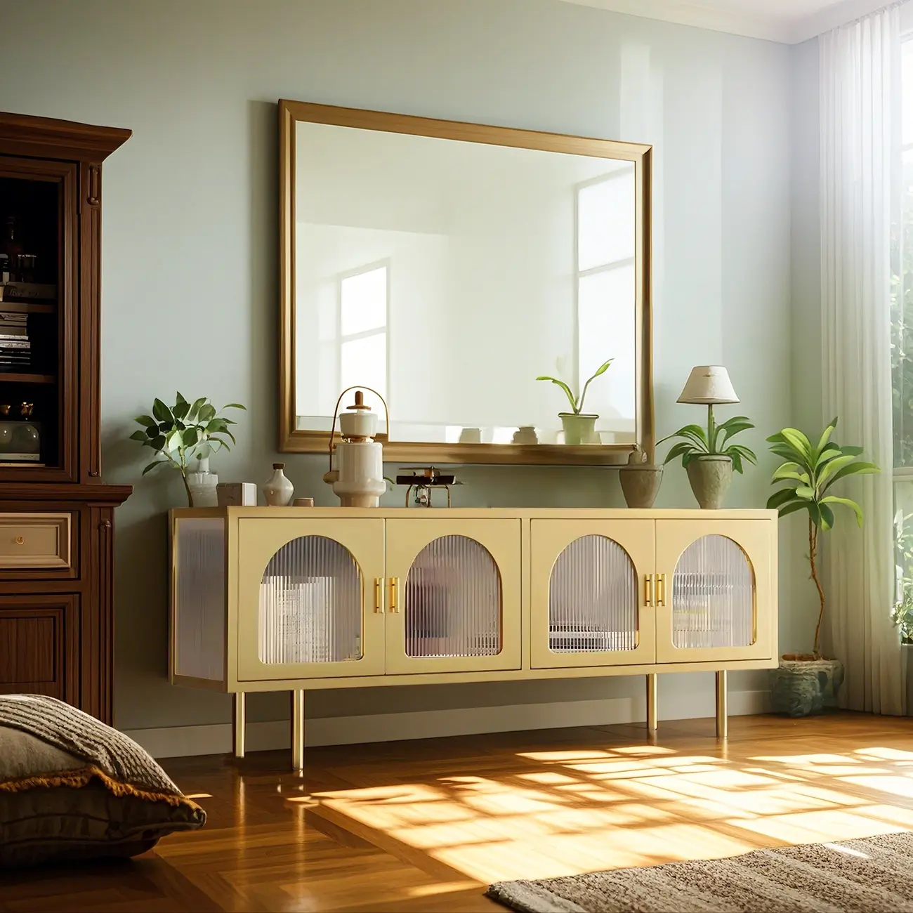 63 White Metal Arched Glass Door TV Stand with Cabinet