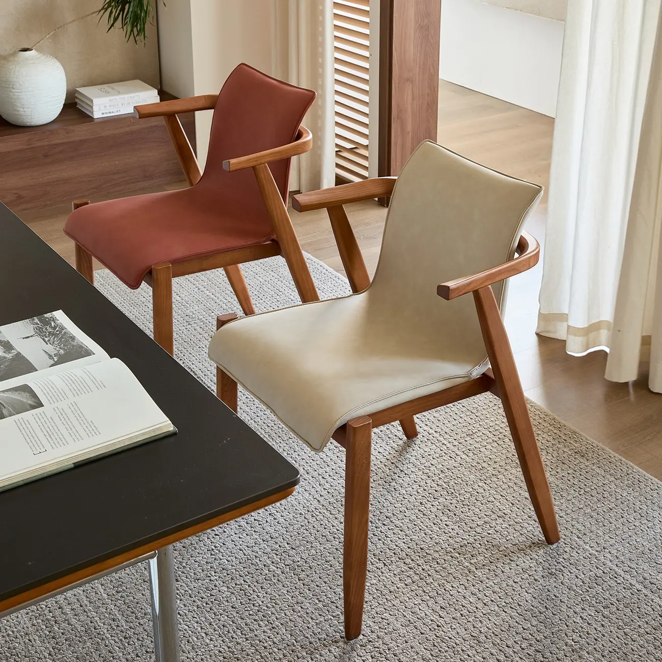 Oak wood Faux Leather Mid-Century Arm Chair