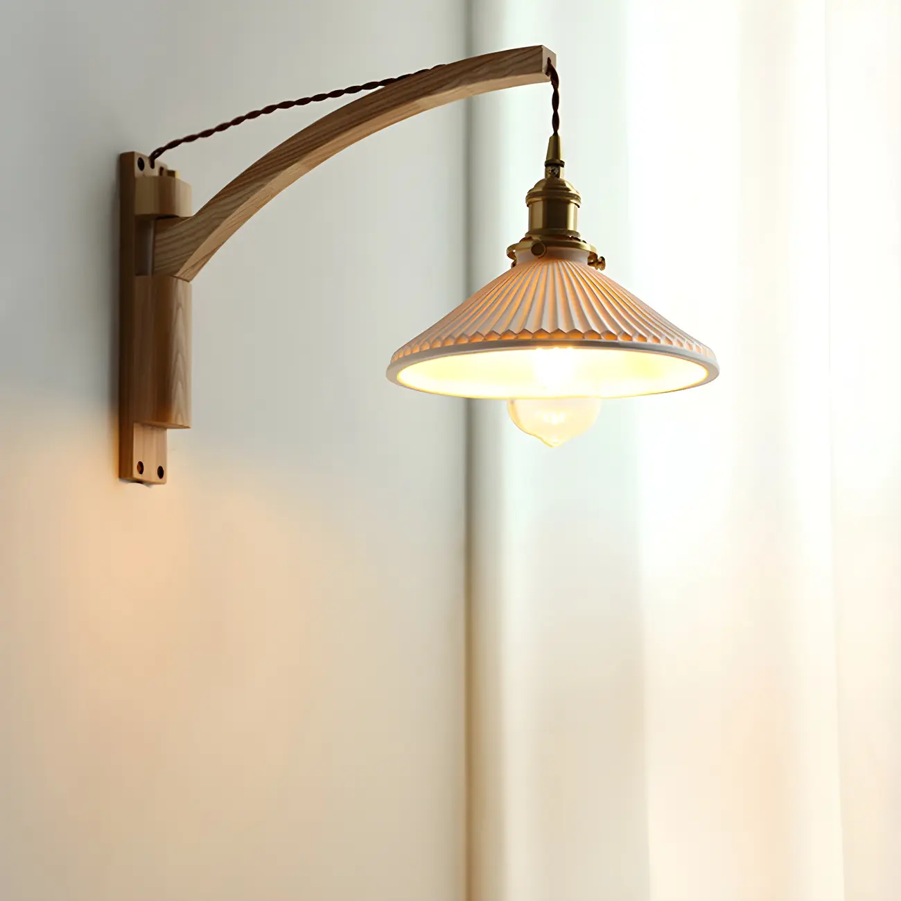 Rustic Wood Brass White Adjustable Swing Arm Wall Light