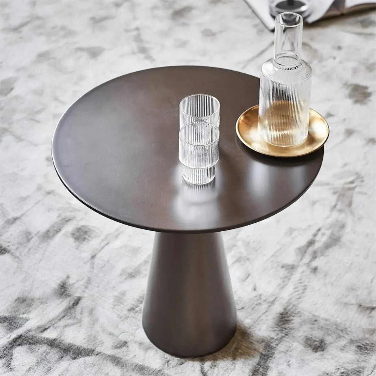 Brown Modern Round Tabletop Metal Pedestal Side Table