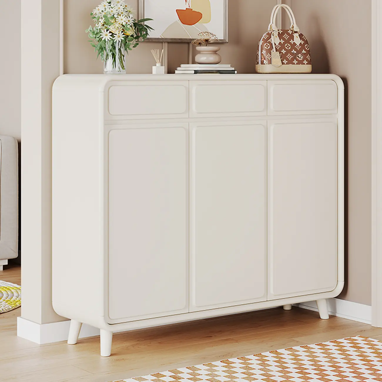 Entryway Solid Wood Shoe Cabinet in White