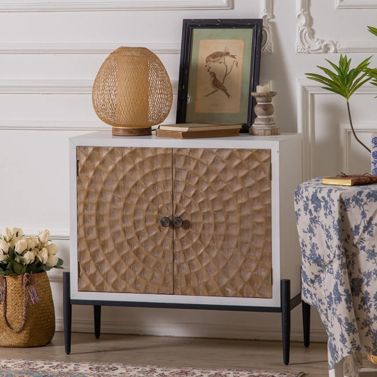 Freestanding Rustic Rectangle White Wood Iron Base Cabinet