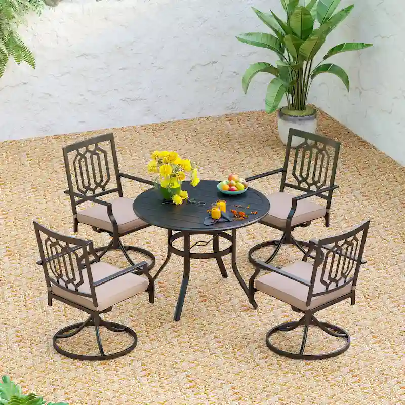 MAISON ARTS 5 Piece Metal Patio Dining Set, 4 Swivel Armrest Chairs with Cushion and 37.8 Round Table with 1.57 Umbrella Hole