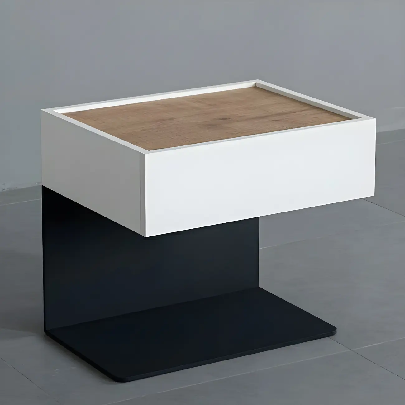 Black Steel Wood C-Shaped Drawer Nightstand with Light