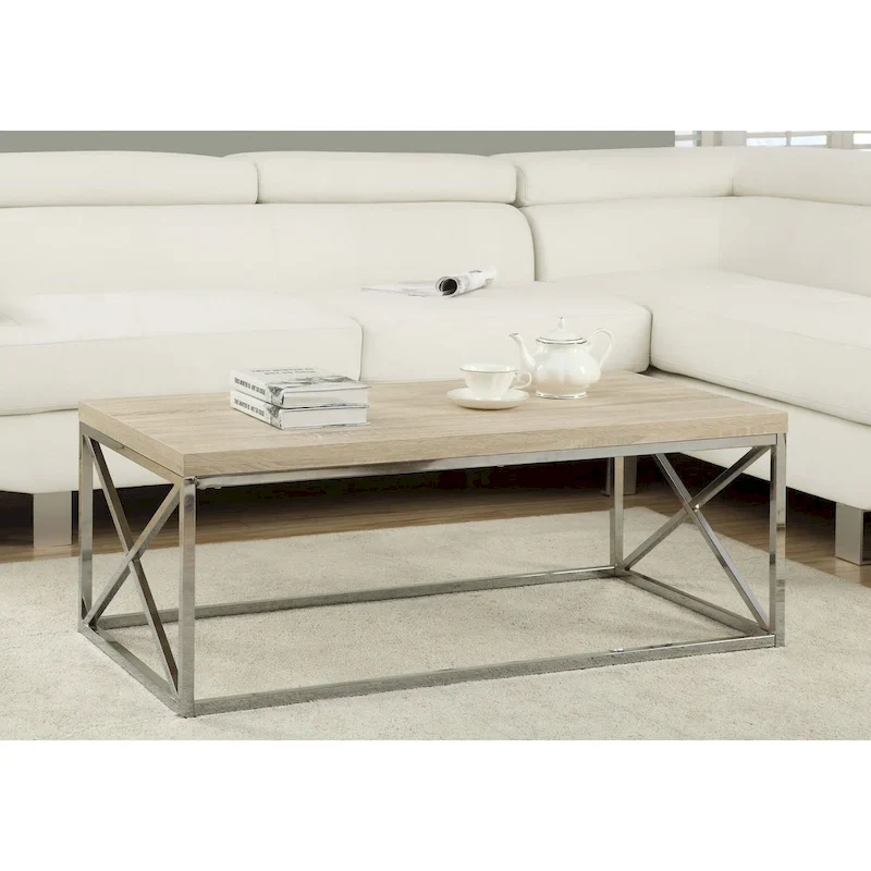 Monarch Natural Wood-Look Finish Chrome Metal Contemporary Design Coffee Table - 32