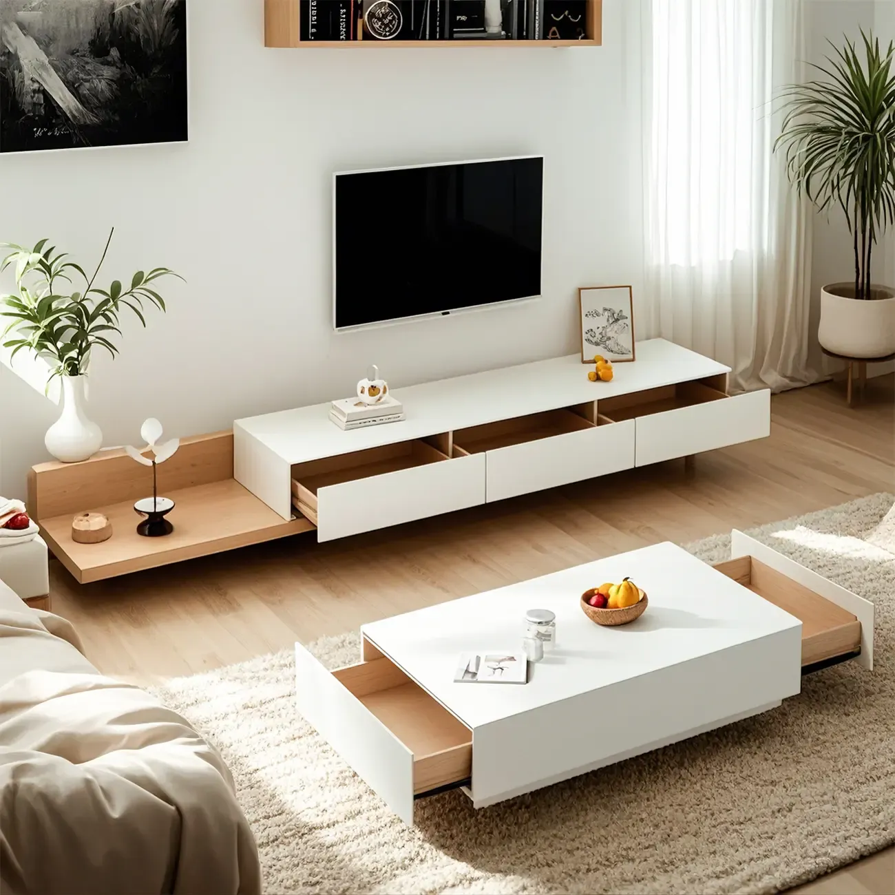 Natural Modern Long Wood Extended Shelf TV Stand with Drawer