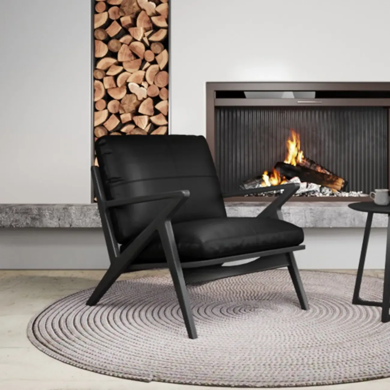 Mid-Century Modern Top Grain Leather Arm Chair Wood Frame