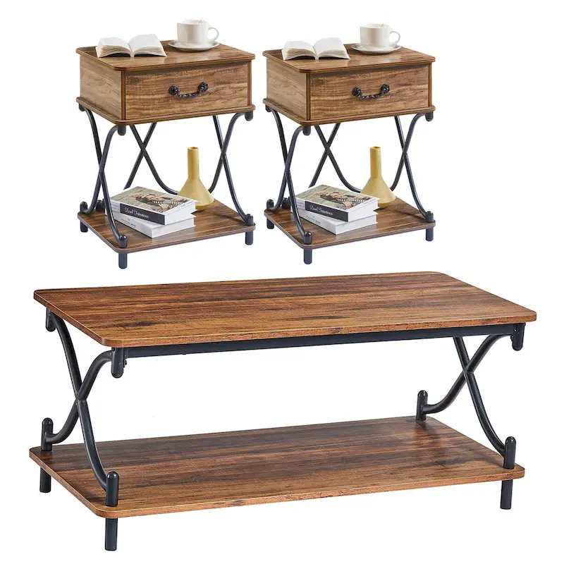 Modern 3-piece Coffee Table, Sofa Table & 1-drawer Nightstand Set of 2(Brown/Black/White)