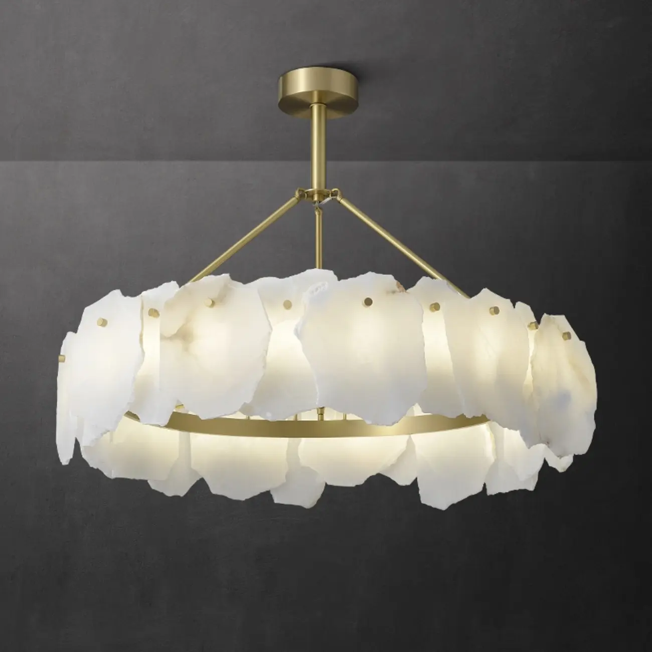 Brass Downrod Circular White Alabaster Chandelier